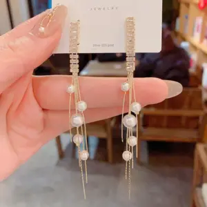 Wholesale Long Pearl Earrings Women's Silver Needle Zirconia Drop Earrings Face Slimming New Style Versatile Elegant Ear Jewelry