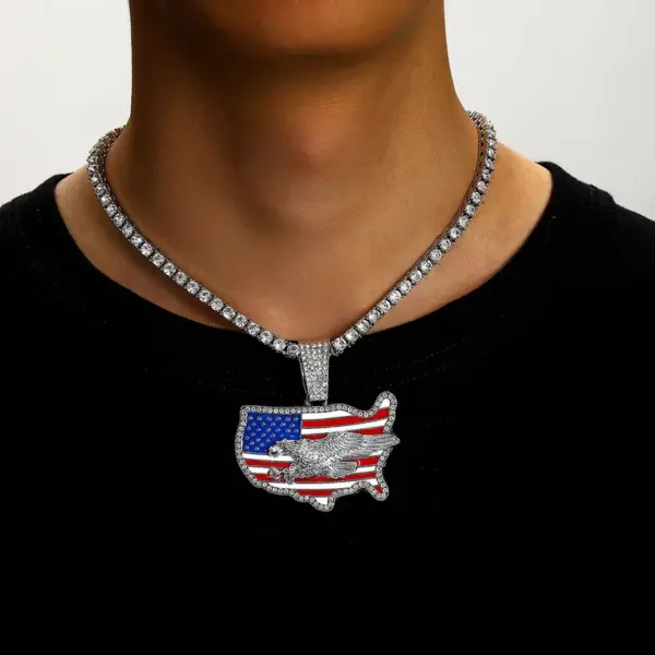 Wholesale Alloy Pendant Necklace Men's Independence Day Oil Drop Full Diamond American Flag Geometric Jewelry