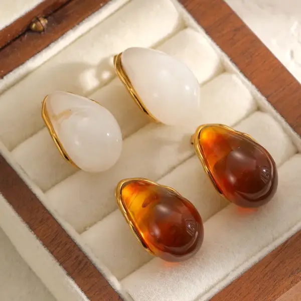Wholesale Water Droplets Stud Earrings For Women In 304 Stainless Steel Featuring Hypoallergenic Design With 18K Real Gold Plated And Resin Inlay
