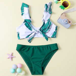 Wholesale 2025 New European and American Foreign Trade Leaf Print Children's Swimsuit Women's Cross-Border Bikini Ruffled Girls' Swimwear
