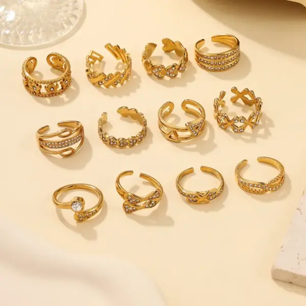 Wholesale Trillion-Cut Open Ring For Women With Bezel Setting, 18K Real Gold Plated PVD Coated 304 Stainless Steel Featuring Rhinestones