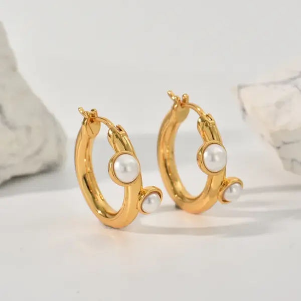 Wholesale Three-dimensional Geometric Earrings For Women, Electroplated Copper With Golden Plated Finish And Artificial Pearl Inlay