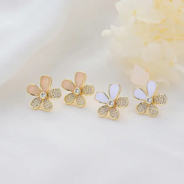 Wholesale Enamel Flowers Stud Earrings In Copper With 14K Real Gold Plated And Rhinestones, Featuring 925 Sterling Silver Ear Pins