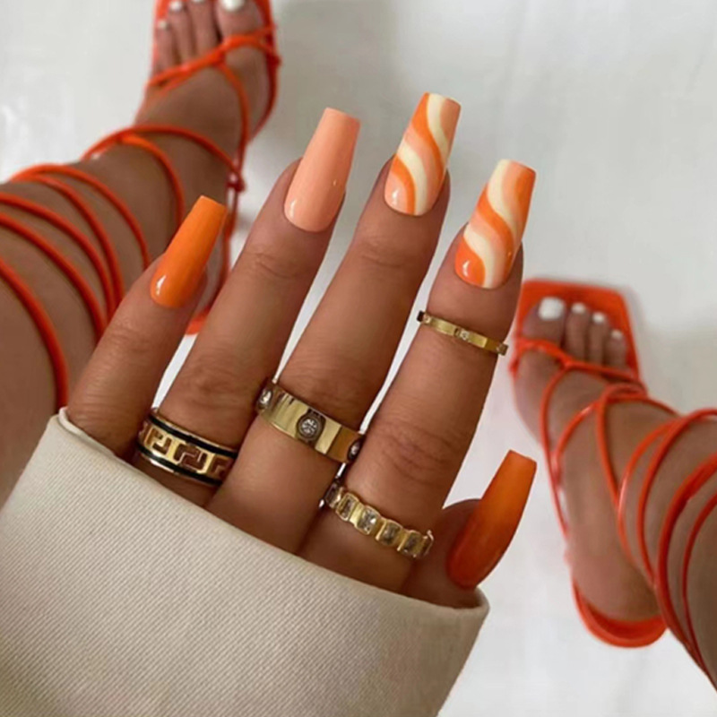 Wholesale Medium and long ballet armour foreign trade cross-border nail patch wholesale orange ripple gorgeous color European and American fake nails