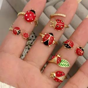 Wholesale Jewelry Casual Cute Romantic Ladybugs Copper Zircon 18K Gold Plated Open Rings