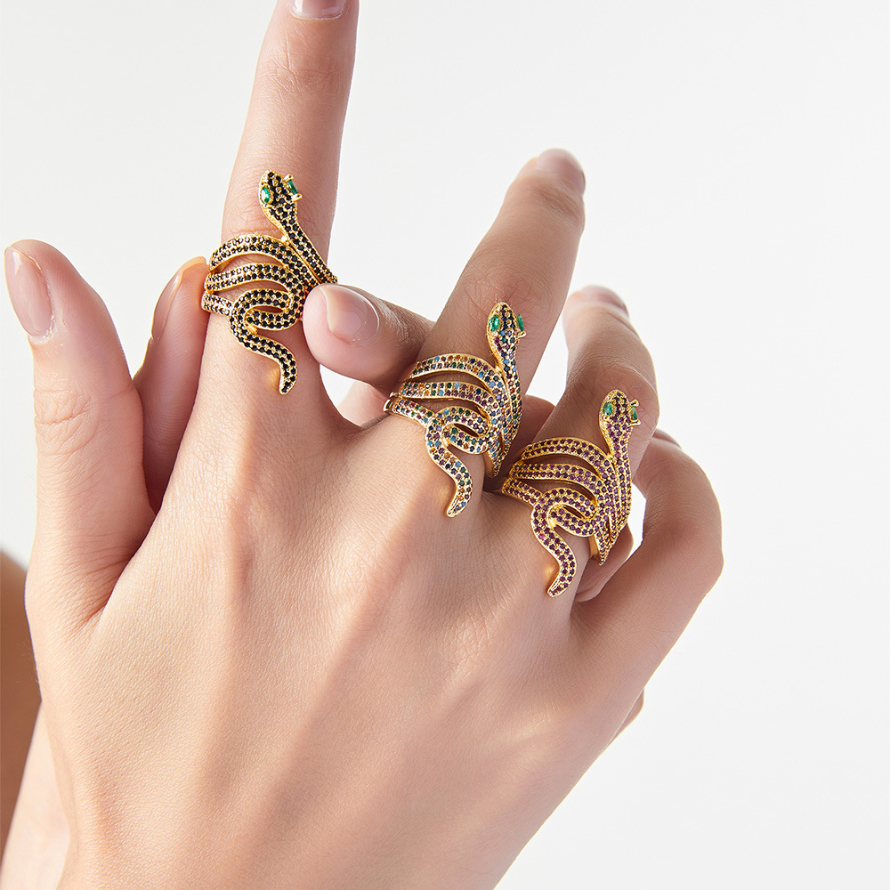 Wholesale Ins Internet Celebrity Explosive Copper Gold Plated Zircon Snake Ring Women's European and American Fashion Light Luxury All-match Cross-bor