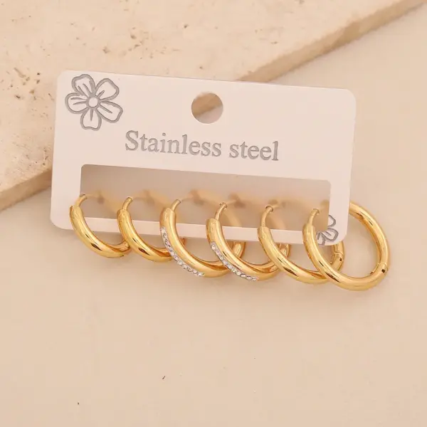 Wholesale 3 Pairs Of Rhinestone Plain Hoop Earrings, Light Luxury Titanium Steel Studs, High-End Versatile 304 Stainless Steel Vacuum Electroplated (Fired) 18K Real Gold Plated Elegant Earrings