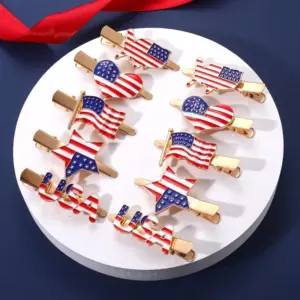 Wholesale NVENF New American Flag Enamel Hair Clip With Rhinestone Stars Heart-shaped Independence Day Women Hair Clip