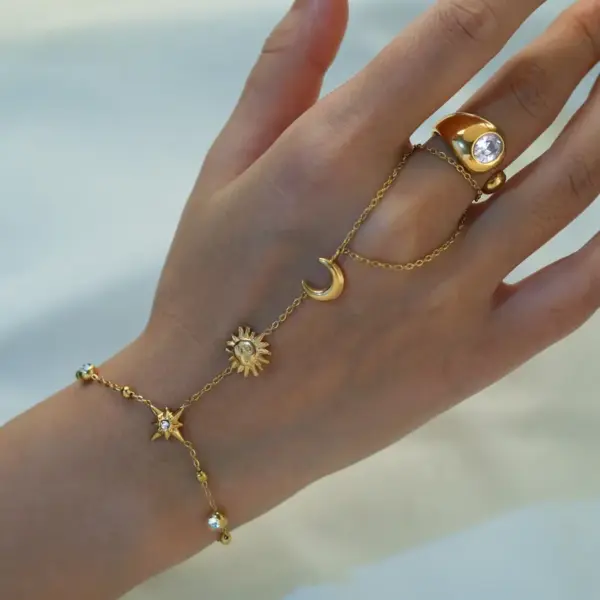Wholesale Sun Star Moon Vacuum Plating (In Furnace) 304 Stainless Steel Zircon Plated 18K Real Gold Lobster Clasp Cable Chain/Cross Chain/O Chain Bracelet For Women