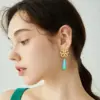 Wholesale Women’s Flowers Stud Earrings Featuring Enamel Craft And Turquoise Inlay, 18K Real Gold Plated Copper With PVD Coating