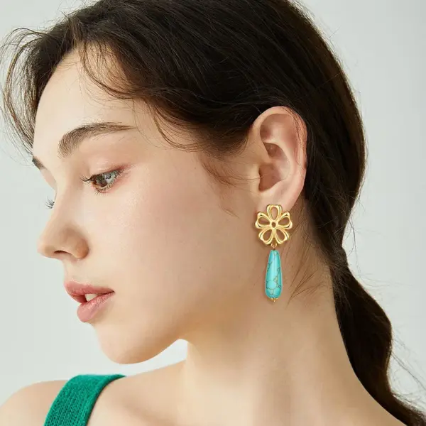Wholesale Women’s Flowers Stud Earrings Featuring Enamel Craft And Turquoise Inlay, 18K Real Gold Plated Copper With PVD Coating