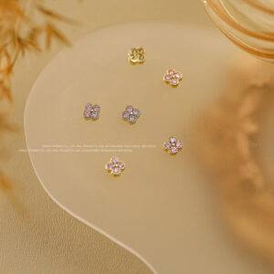 Single Pink Zircon Small Four-leaf Clover-Gold #04