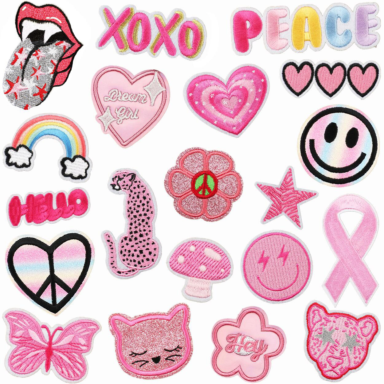 Wholesale Xiaotian pink cheetah mixed embroidery cloth stickers cartoon smiley face love patch stickers art letters computer embroidery logo