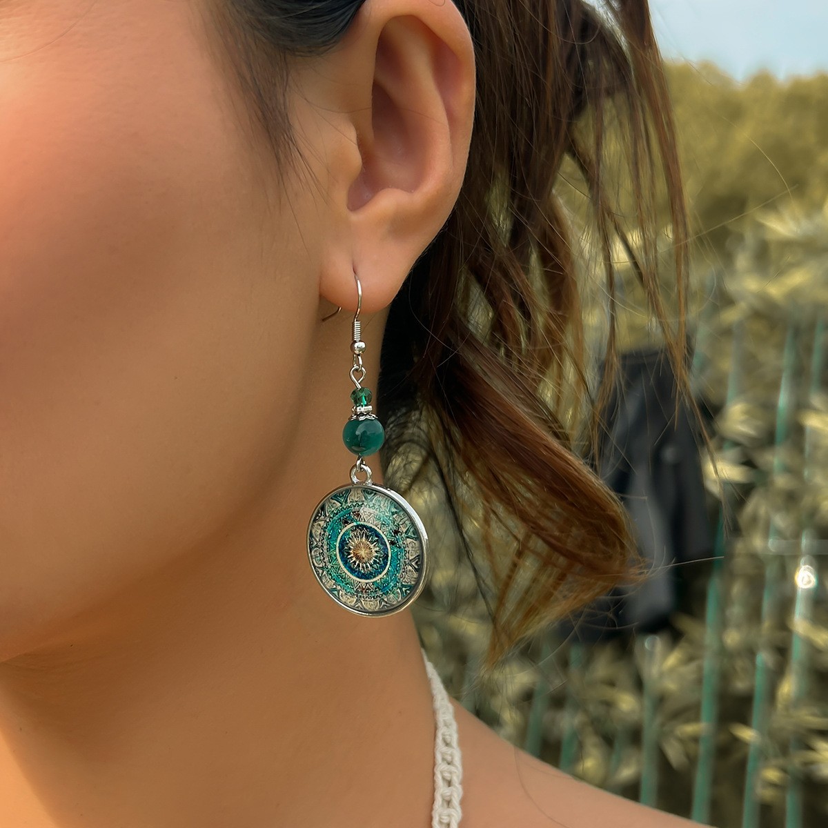 Wholesale Cross-border European and American Retro Mandala Flower Time Gem Earrings Ethnic Style Dream Catcher Long Pendant Earrings for Women