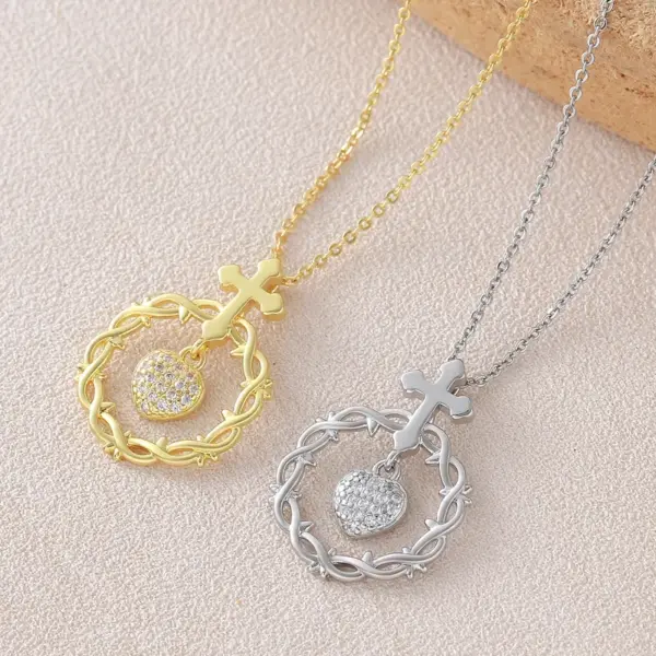Wholesale For Women Cross Pendant Necklace In Copper With 18K Real Gold Plated Coating 0.05µm-0.08µm Featuring Zircon On Cable Chain