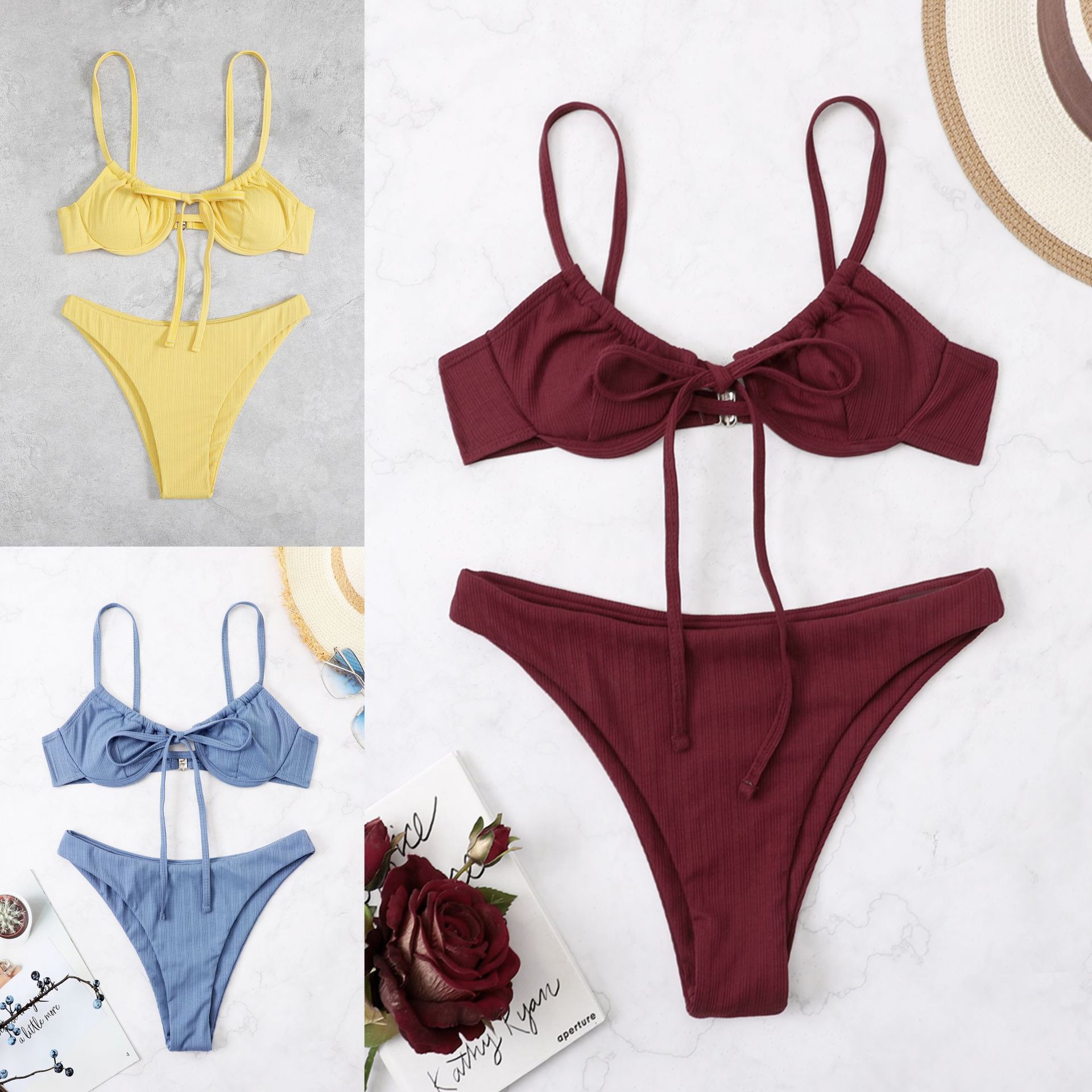 Wholesale bikini Swimsuit 2023 AliExpress Amazon bikini Solid Color Swimsuit European and American Sexy Split Swimsuit