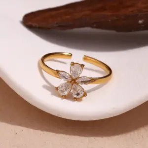 Wholesale PVD Coated Real Gold Plated 18K Gold Flower 304 Stainless Steel Simple Style Waterproof Non Tarnish Open Rings
