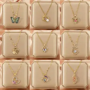 Wholesale Lady Heart Shape Flower Titanium Steel Plating Inlay Zircon Gold Plated Pendant Necklace