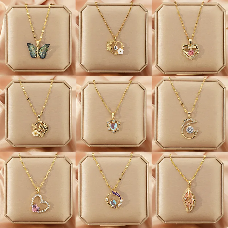 Wholesale Lady Heart Shape Flower Titanium Steel Plating Inlay Zircon Gold Plated Pendant Necklace