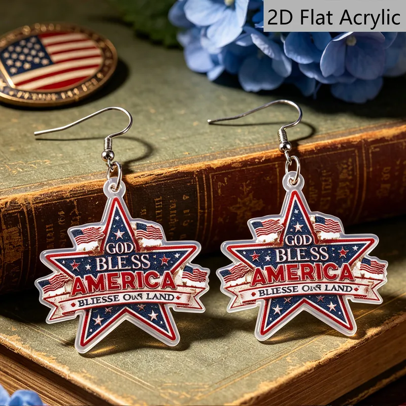 Wholesale Retro Star Print Drop Earrings In White & Red Acrylic With 304 Stainless Steel Posts For Women