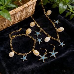 Wholesale Stainless Steel Seashell & Starfish Necklace — Vintage Enamel-Accented Ocean-Themed Clavicle Chain — Vacation-Style Necklet with Starfish Pendant
