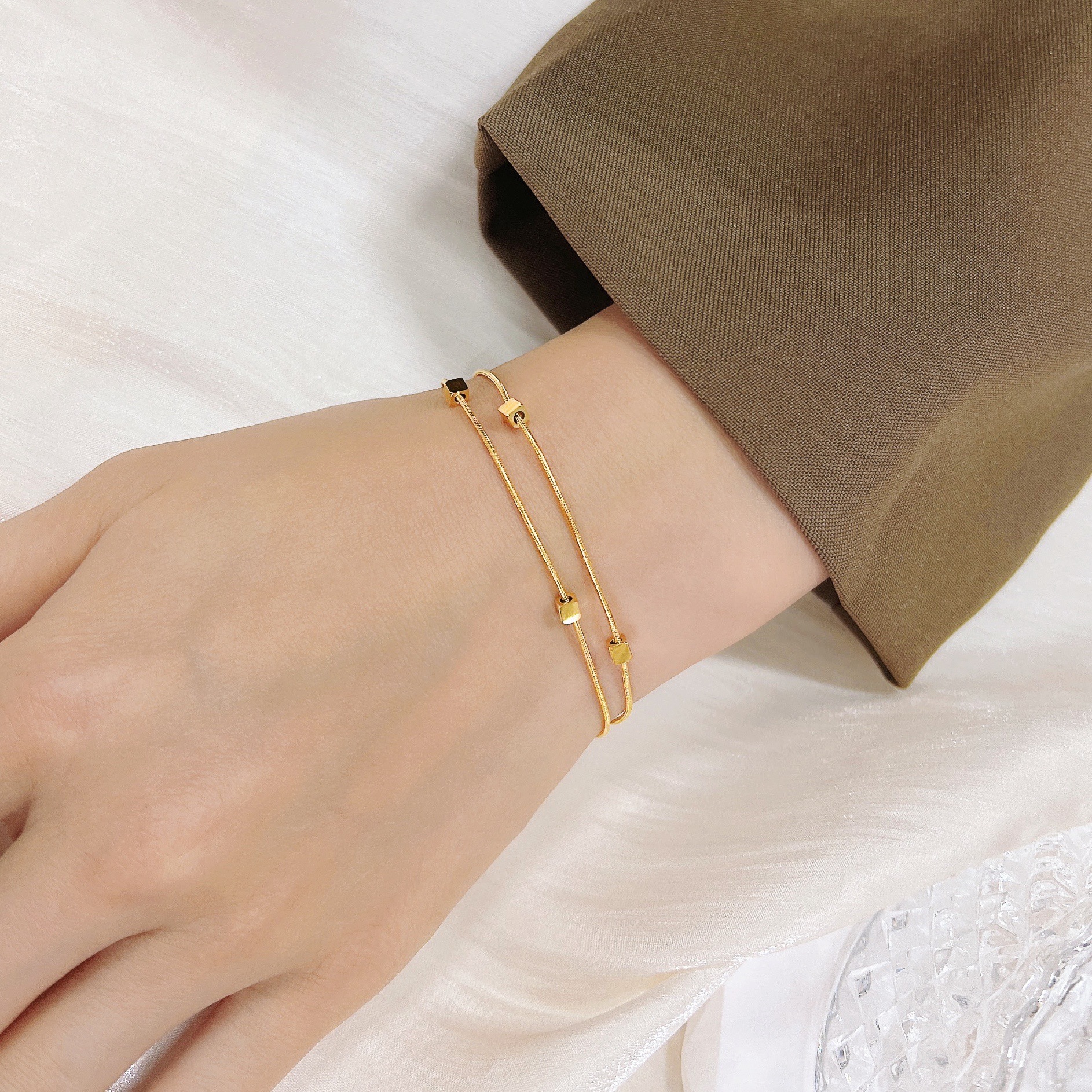 Wholesale High-End Simple Golden Stereo Small Square Double-Layer Snake Bone Bracelet for Women 18K Gold-Plated Titanium Steel Non-Fading Ins Fashion