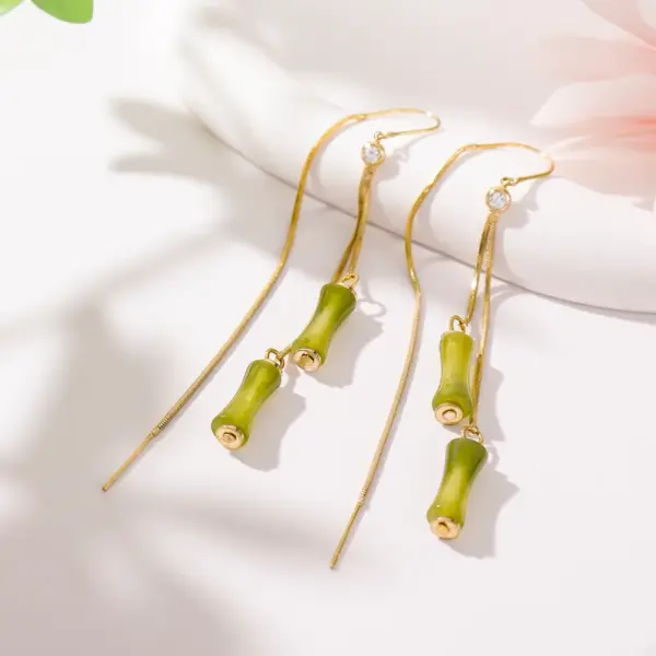 Wholesale 1 Pair Classical Romantic Bamboo Copper Zircon 14K Gold Plated Dangling Earrings