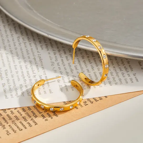 Wholesale Handmade C Shape Earrings For Women In 304 Stainless Steel With 18K Real Gold Plated Water Plating And Rhinestone Inlay