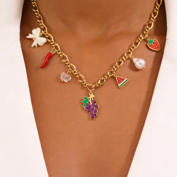 Wholesale Waterproof Fruit Necklace For Women, 304 Stainless Steel With 18K Gold Plated Finish And Zircon Inlay, Box Chain