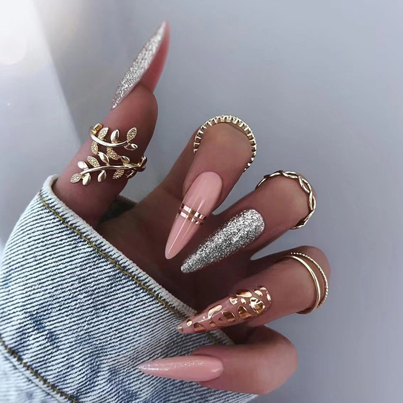 Wholesale Long pointed flash leopard nail art gold foil line leopard spot hot girls Europe and America ins wear armor 24 box
