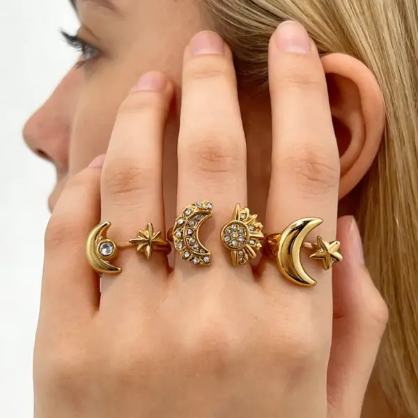 Wholesale Star Open Ring For Women, Waterproof Non Tarnish 304 Stainless Steel With 18K Real Gold Plated PVD Coating And Rhinestones Inlay