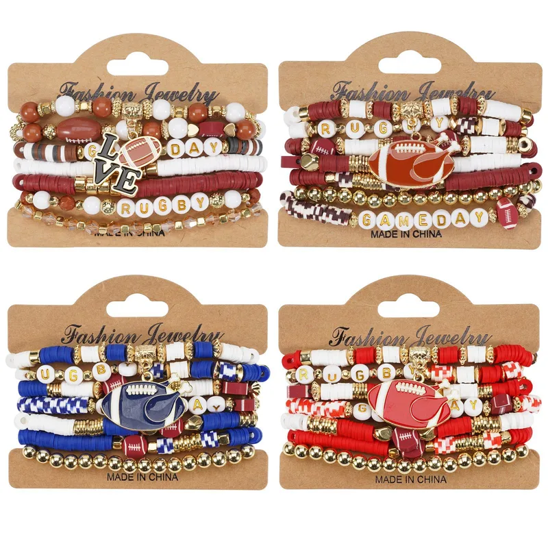 Wholesale Rugby Beaded Bracelet Sports Day Soft Clay Elastic Bracelet For Rugby Mom Original Design Plated Bracelet Unisex Handmade