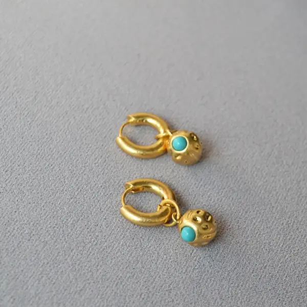 Wholesale Retro Faux Aged Texture Copper Ball Embedded Turquoise Elegant Personality Women's Earrings French Design Specialty Jewelry
