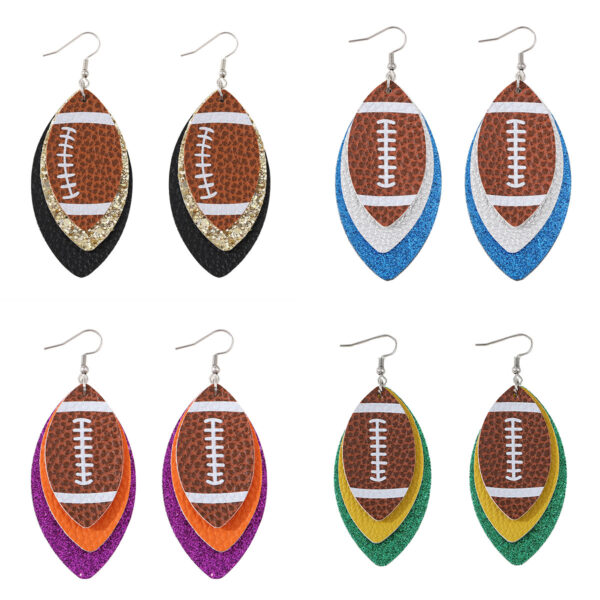 oly-f91cc9a0e6218c21f11d7496ad090787 Wholesale Rugby Sequins Three-layer Leather Water Drop Pendant Earrings Sports Ear Jewelry Gifts