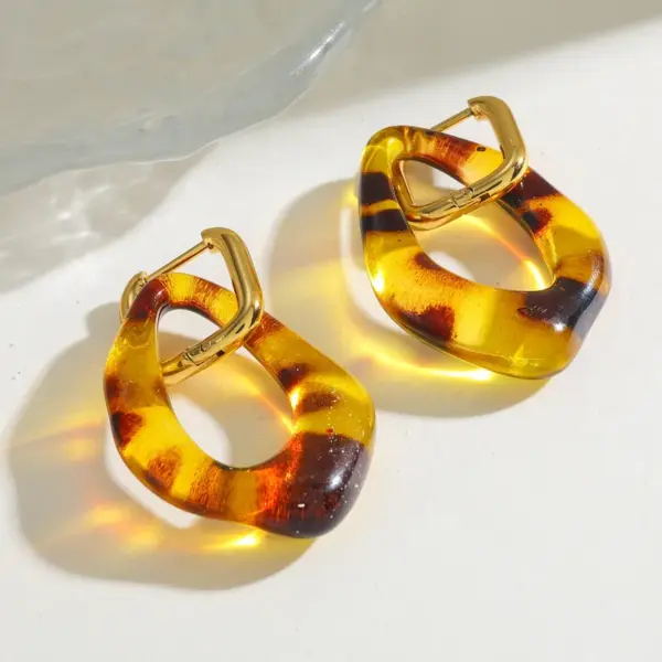Wholesale 18K Real Gold Plating Vacuum Electroplating (In Furnace) 201 Stainless Steel 304 Stainless Steel Water Plating Resin Rhombus Leopard Print Earrings