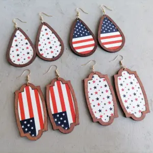 Wholesale American Flag Independence Day July 4th Star Drop Earrings Wooden Frame Personalized Geometric Pattern Hoop Earrings