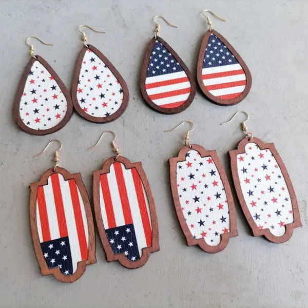 oly-f9913b7504f7e1aa771395c086cddd14 Wholesale American Flag Independence Day July 4th Star Drop Earrings Wooden Frame Personalized Geometric Pattern Hoop Earrings