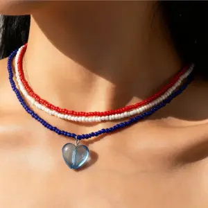 Wholesale Pastoral Blue Heart Shape Necklace For Women With Plastic Material And Seed Bead Inlay Featuring Weave Craft And Box Chain