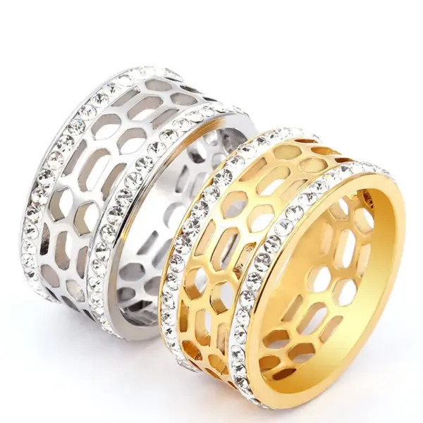 Wholesale Unisex Geometric Rings In Titanium Steel With PVD Coated Gold Plating And Rhinestone Inlay Featuring Cutting Craft