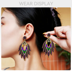 Wholesale Ethnic Style Carnival Festival Earrings Autumn and Winter High-end Fashion Handmade Rice Beads Feather Exaggerated Earrings for Women