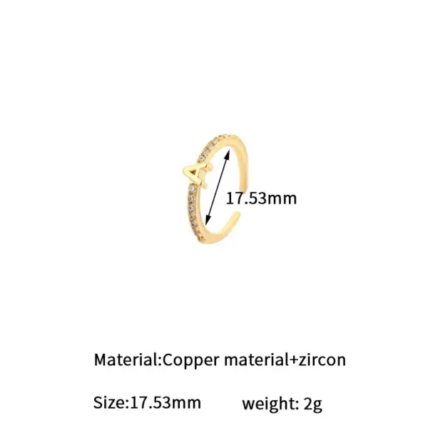 Wholesale Unisex Open Letter Ring In Copper With 14K Real Gold Plating And Zircon Inlay, Electroplated Finish