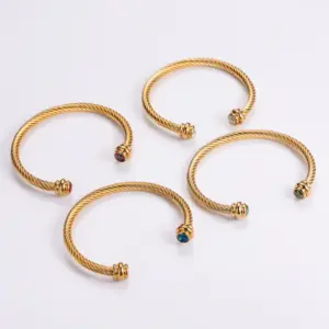 Wholesale Simple Style Geometric 304 Stainless Steel 18K Gold Plated Artificial Diamond Bangle In Bulk
