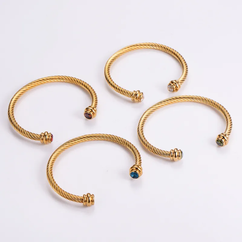 Wholesale Simple Style Geometric 304 Stainless Steel 18K Gold Plated Artificial Diamond Bangle In Bulk