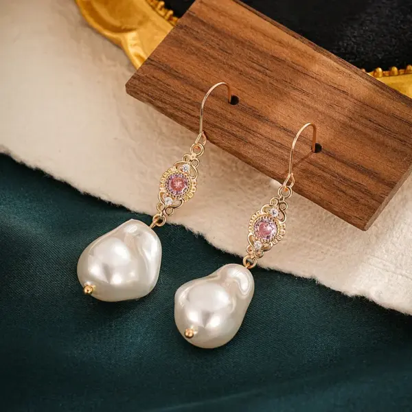 Wholesale Original Design Baroque Pearl Earrings Irregular Shape Ladies Jewelry Pink Zircon Stone Unusual Form Women's Elegant Classic Shiny Polished Ear Hooks