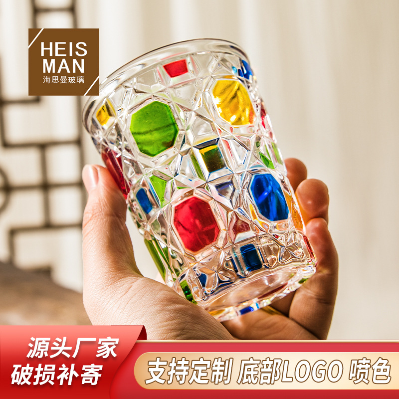 Wholesale Haisman color plaid whiskey Cup high-color painted wine glass household glass water Cup contrast color beer glass