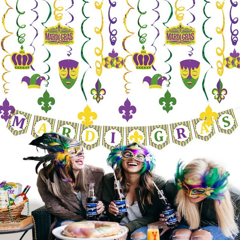 Wholesale Carnival Party Spiral Decoration Mardi Gras Paper Banner Masquerade Swirl Hanging Ornaments Festival Supplies