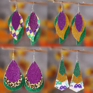 oly-faae8a48f6a468590fbc7618661b816d Wholesale Cross border new carnival green yellow purple sequins glitter 3 layer PU leather pendant earrings fashion carnival earrings