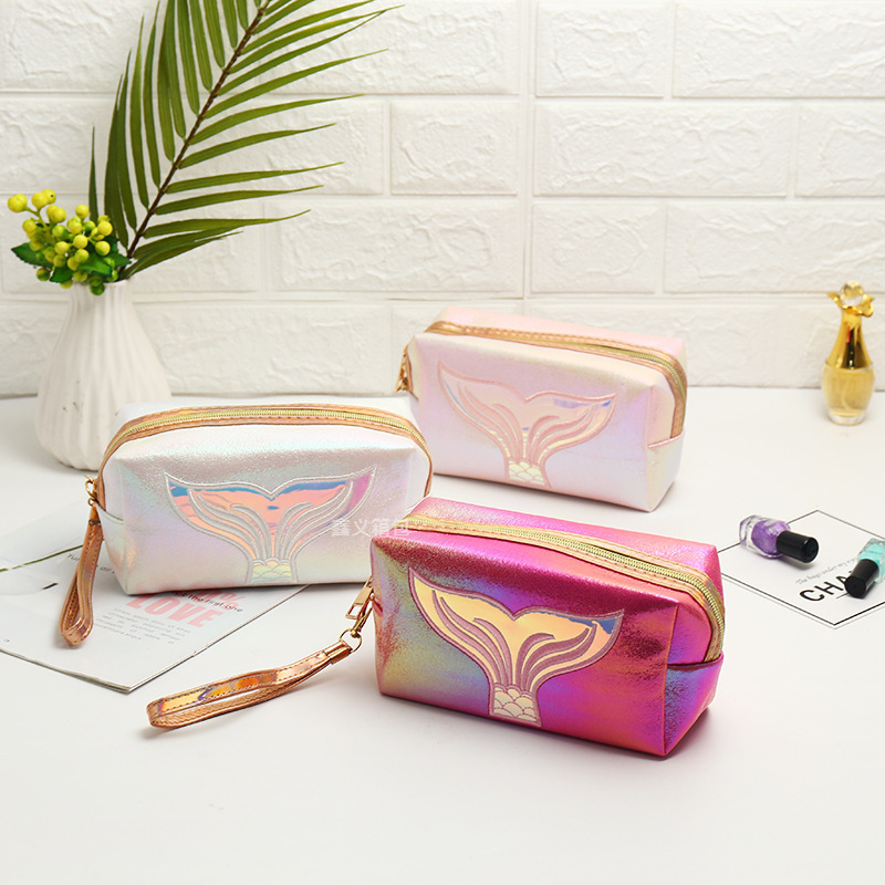 Wholesale New PU Laser Cosmetic Bag Creative Fish Tail Portable Large Capacity Storage Bag Handheld Colorful Wash Bag