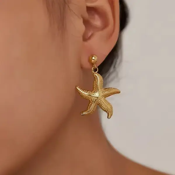 Wholesale Ocean Pattern Tassel Stud Earrings For Women, 304 Stainless Steel With 18K Real Gold PVD Coated Plating, 0.01µm Thickness