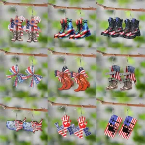 Wholesale New Red White Blue American Flag Cross Butterfly Knot Pendant Earrings Wooden Double-Sided Independence Day Ear Jewelry